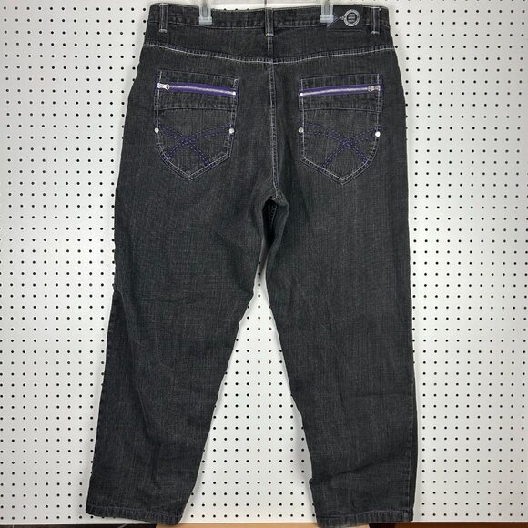 Evolution in Design Black Baggy Jeans 42x34‎ Embroidered Wide Leg Punk Goth Y2K - Picture 1 of 7